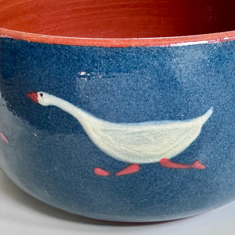 Vintage Pottery Ceramic Navy Glazed Terra Cotta Bowl w/ Running Goose Motif - Picture 5 of 15